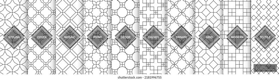 Collection of seamless ornamental geometric patterns. Elegant repeatable oriental backgrounds. Black and white textures - symmetric prints. You can find endless design in swatches panel