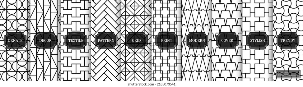 Collection of seamless ornamental geometric patterns. Vector repeatable oriental backgrounds. Black and white grid textures - symmetric prints. You can find endless design in swatches panel