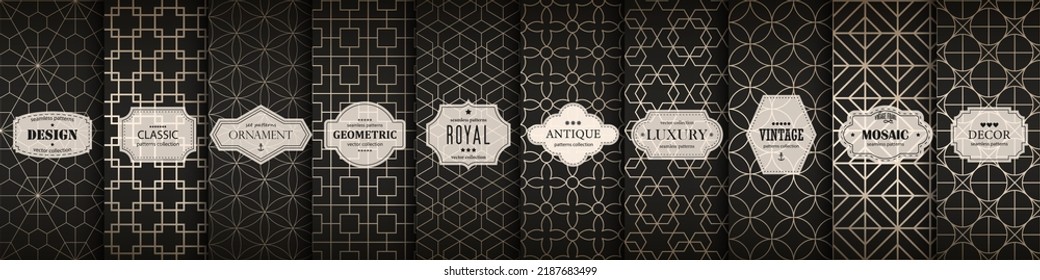 Collection of seamless ornamental geometric patterns - dark luxury design. Vector repeatable oriental elegant backgrounds. Black grid textures - symmetric prints.  
