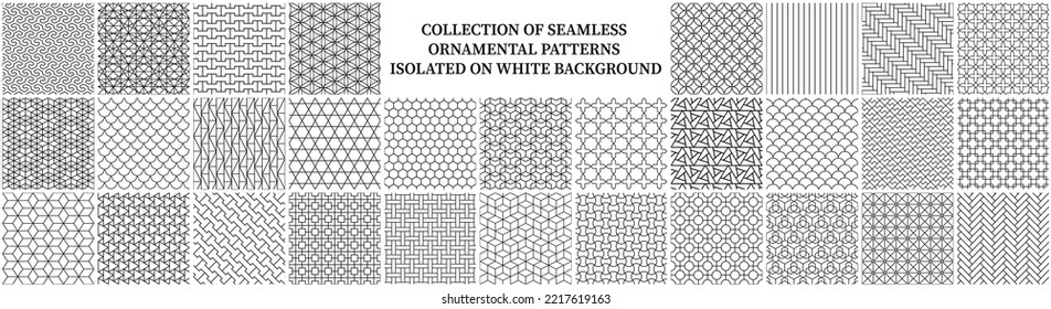 Collection of seamless ornamental geometric patterns isolated on white background. Vector repeatable black and white grid textures - symmetric prints. 