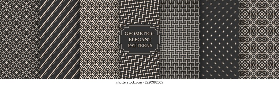 Collection of seamless ornamental geometric patterns - dark elegant design. Vector repeatable luxury backgrounds, symmetric prints.  