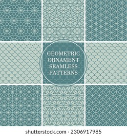 Collection of seamless ornamental geometric patterns. Trendy vintage oriental backgrounds. Blue mosaic design.