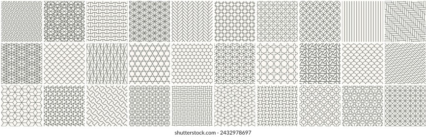 Collection of seamless ornamental geometric patterns - unusual design. Vector repeatable grid outline textures - symmetric ornate prints. Monochrome backgrounds
