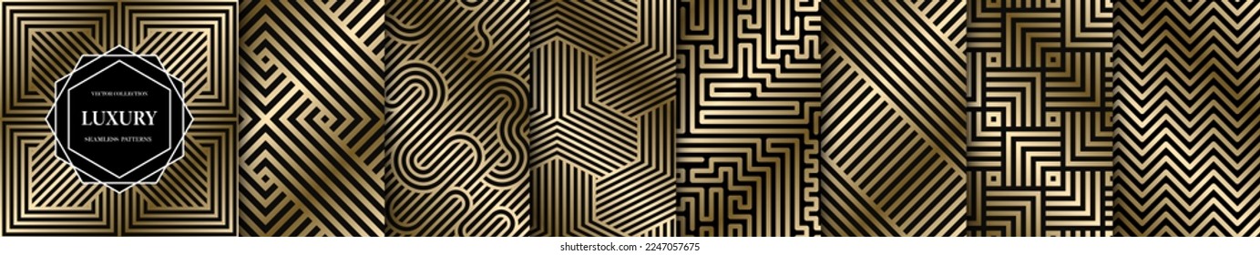 Collection of seamless ornamental gold geometric striped patterns. Luxury repeatable backgrounds. Endless linear art deco prints.