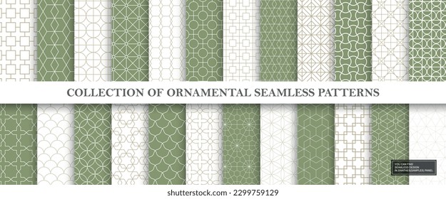 Collection of seamless ornamental luxury vintage patterns. Elegant beige and green geometric oriental backgrounds. Symmetry endless prints.