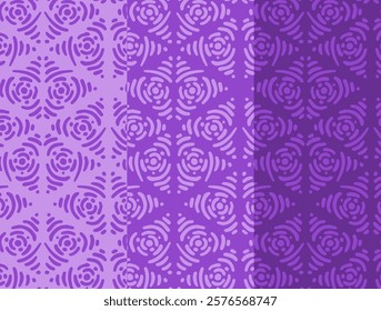 A collection of seamless ornamental patterns in various shades of purple, featuring symmetrical swirling shapes and decorative elements. Perfect for textiles and design projects.