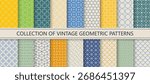 Collection of seamless ornamental vector patterns. Color oriental vintage backgrounds. Geometric tile mosaic prints with grid outline textures