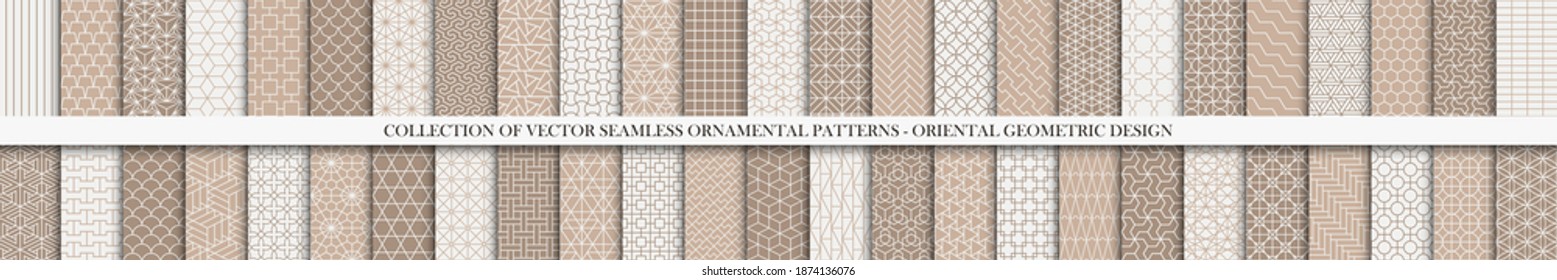 Collection of seamless ornamental vector patterns. Trendy white and brown oriental backgrounds. Creative tile mosaic design.