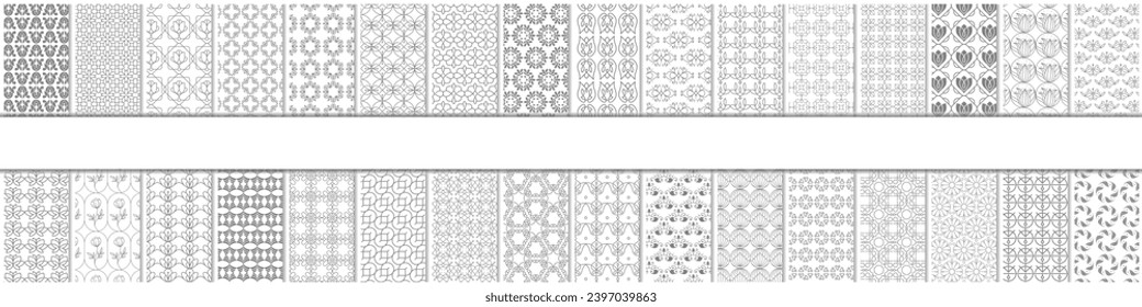 Collection of seamless ornamental vector patterns and swatches. White and grey geometric oriental backgrounds.