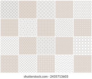 Sammlung von nahtlosen ornamentalen Vektormustern. Beige orientalische zarte Hintergründe. Geometrisches Mosaikdesign aus Fliesen. Gitterstruktur - dekorative Umrissdrucke