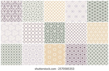 Collection of seamless ornamental vector patterns. Oriental color backgrounds. Geometric tile mosaic design. Grid texture - decorative outline prints