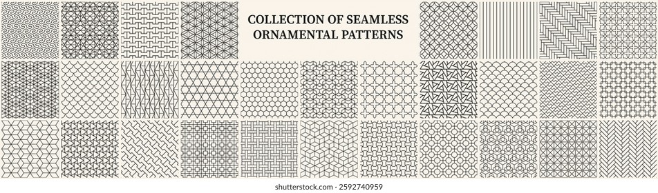 Collection of seamless ornamental vector patterns. Beige elegant oriental vintage backgrounds. Geometric tile mosaic luxury design. Grid texture - unusual prints
