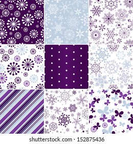 Collection seamless pastel christmas patterns with snowflakes, butterflies and strips (vector)