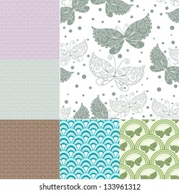 Collection seamless pastel patterns with concentric circles and butterflies (vector)