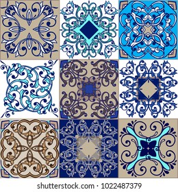 Collection seamless patchwork pattern tiles from Morocco, Portugal in blue colors. Decorative ornament can be used for wallpaper, backdrop, fabric, textile, wrapping paper.