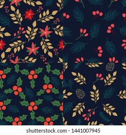 Collection of seamless pattern with abstract Christmas florals.  Vector design for wrapping paper, textile. 
