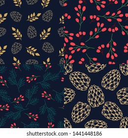 Collection of seamless pattern with abstract Christmas florals.  Vector design for wrapping paper, textile. 
