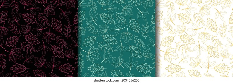 Collection of seamless pattern  with autumn line drawn leaves. Fall, autumn, nature. For textile, paper, wrapping paper, packaging, backgrounds. Vector pattern.