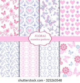Collection of seamless pattern in blue and pink colors. Endless texture with butterflies, hearts and flowers.
