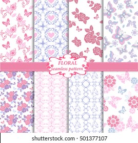Collection of seamless pattern in blue and pink colors. Endless texture with butterflies, hearts and roses. Decorative ornament backdrop for fabric, textile, wrapping paper.