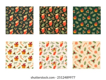 Collection of seamless pattern with Christmas decorations elements. Set of winter holiday textures with sweets and gifts. Kit of backgrounds with stockings, mittens, holly and fir branches.