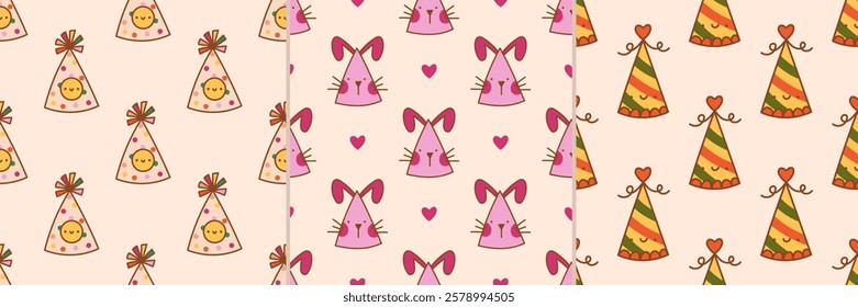 Collection Seamless pattern with a cute party hat. Elements for print, texture,
fabric, wrap. Vector illustration on a isolated background