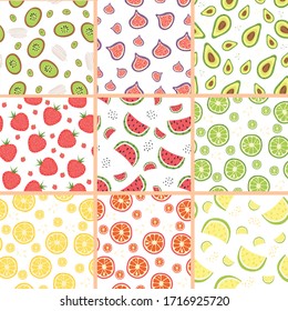 Collection of seamless pattern designs with pieces of fruits. Vector illustration.