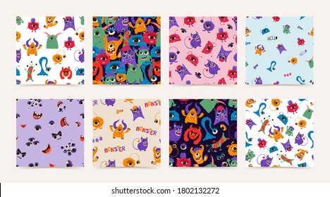 Collection seamless pattern with funny monsters in cartoon style. Children's background with cute characters for fabric design, Wallpaper, wrapping paper. Vector