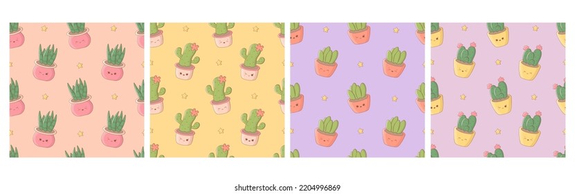 Collection of seamless pattern with kawaii funny cactuses and potted plants. Cute print for phone case, backgrounds, fashion, wrapping paper and textile. Vector Illustration