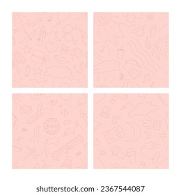 Collection of seamless pattern with love, dream, summer and jorney elements in linear doodle style.