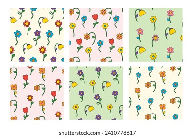 Colección de patrones sin costura con flores multicolores en estilo retro groovy. 70, 80, 90. Flores dibujadas a mano de moda. Ilustración vectorial. Conjunto de elementos botánicos florales.