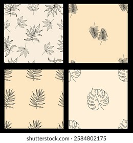 Collection of seamless pattern of palm tree. Pattern tropical leaves on a beige background. Vector. 