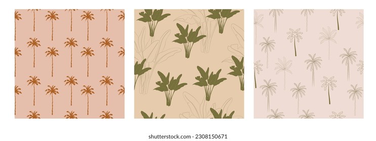 Colección de patrones sin costura con palma. Textura tropical de verano. Ilustración vectorial editable.