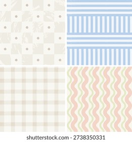 Collection of seamless pattern with polka dots, stripes, gingham. Perfect for packaging, branding, visual identy design, social media, printable layouts and stationary. Editable vector