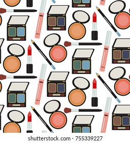 Collection seamless pattern of sets of cosmetics for women, makeup. Blush, powder, lip lip, shadows, pallets, mascara, makeup brushes. Beauty, glamour, fashion, women's day, spa salon, beauty 