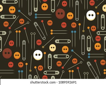 Collection seamless pattern of Sewing equipment, dressmaking and needlework accessories . Icons set with needle, tape measure, buttons, needles, threads, awl, pins. Fashion industry clothing