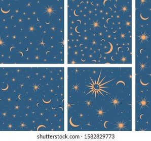 Collection of seamless pattern with suns, moons and stars. Vector gold and blue illustration. Print could be used for textile, zodiac star yoga mat, underwear