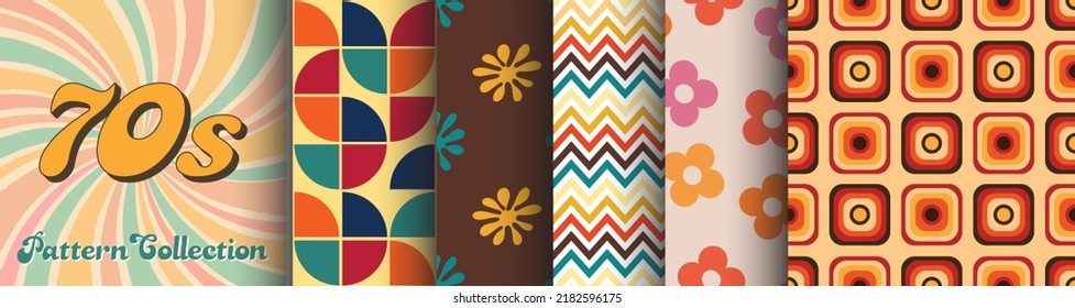 Collection of Seamless Patterns in 70's style, Boogie decade, retro graphics, vintage set of fabrics for apparel, fashion designs