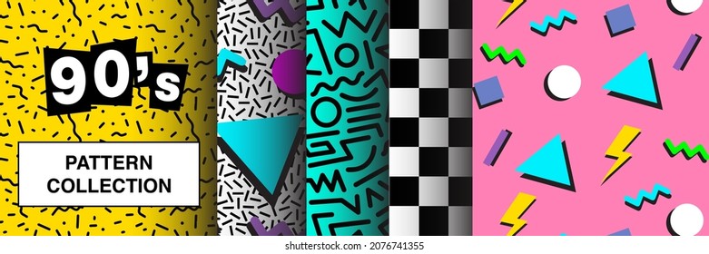 Collection of seamless patterns from 90's | Set of abstract graphics in retro vintage style for backgrounds | Flyer. poster, banner elements