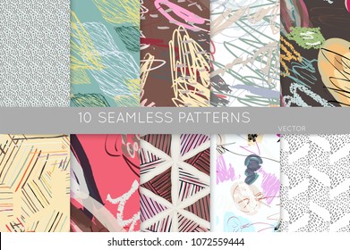 Collection of seamless patterns. Abstract design elements in set. Doodles with crayon and grunge texture roughly hand drawn.