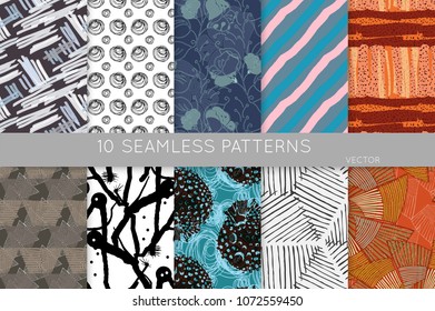 Collection of seamless patterns. Abstract design elements in set. Doodles with crayon and grunge texture roughly hand drawn.