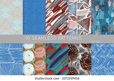 Collection of seamless patterns. Abstract design elements in set. Doodles with crayon and grunge texture roughly hand drawn.