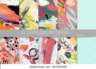 Collection of seamless patterns. Abstract design elements in set. Doodles with crayon and grunge texture roughly hand drawn.