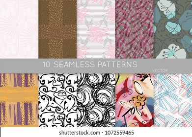 Collection of seamless patterns. Abstract design elements in set. Doodles with crayon and grunge texture roughly hand drawn.