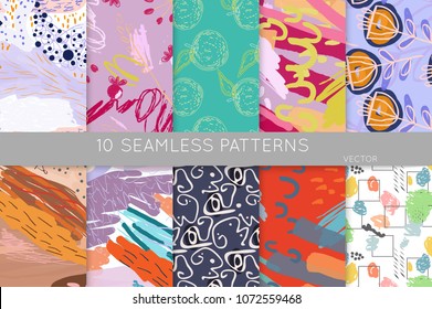 Collection of seamless patterns. Abstract design elements in set. Doodles with crayon and grunge texture roughly hand drawn.