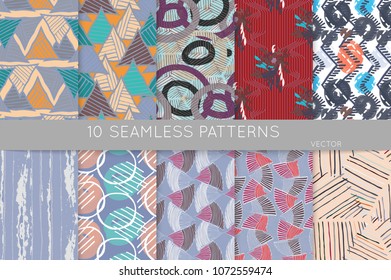 Collection of seamless patterns. Abstract design elements in set. Doodles with crayon and grunge texture roughly hand drawn.