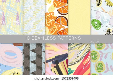 Collection of seamless patterns. Abstract design elements in set. Doodles with crayon and grunge texture roughly hand drawn.
