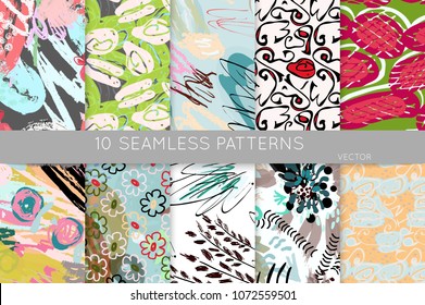 Collection of seamless patterns. Abstract design elements in set. Doodles with crayon and grunge texture roughly hand drawn.