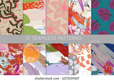 Collection of seamless patterns. Abstract design elements in set. Doodles with crayon and grunge texture roughly hand drawn.