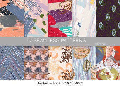 Collection of seamless patterns. Abstract design elements in set. Doodles with crayon and grunge texture roughly hand drawn.